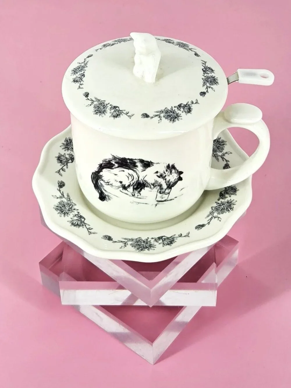 New Creative Co-Op Cat & Mouse Stoneware Tea Infuser Mug/Saucer 4 Pieces Cottage